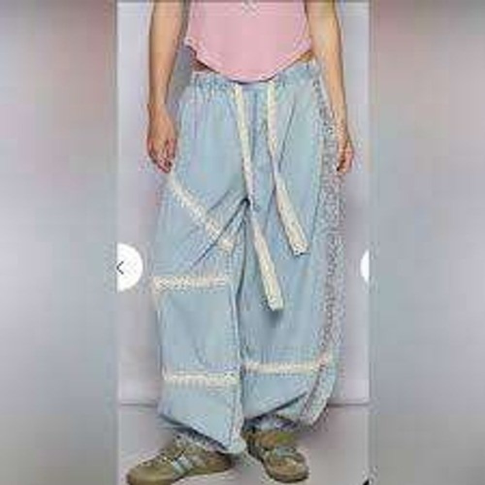 POL Blue Crochet Lace Patchwork Raw Seam Jogger Pants S Boho Fairycore Artsy